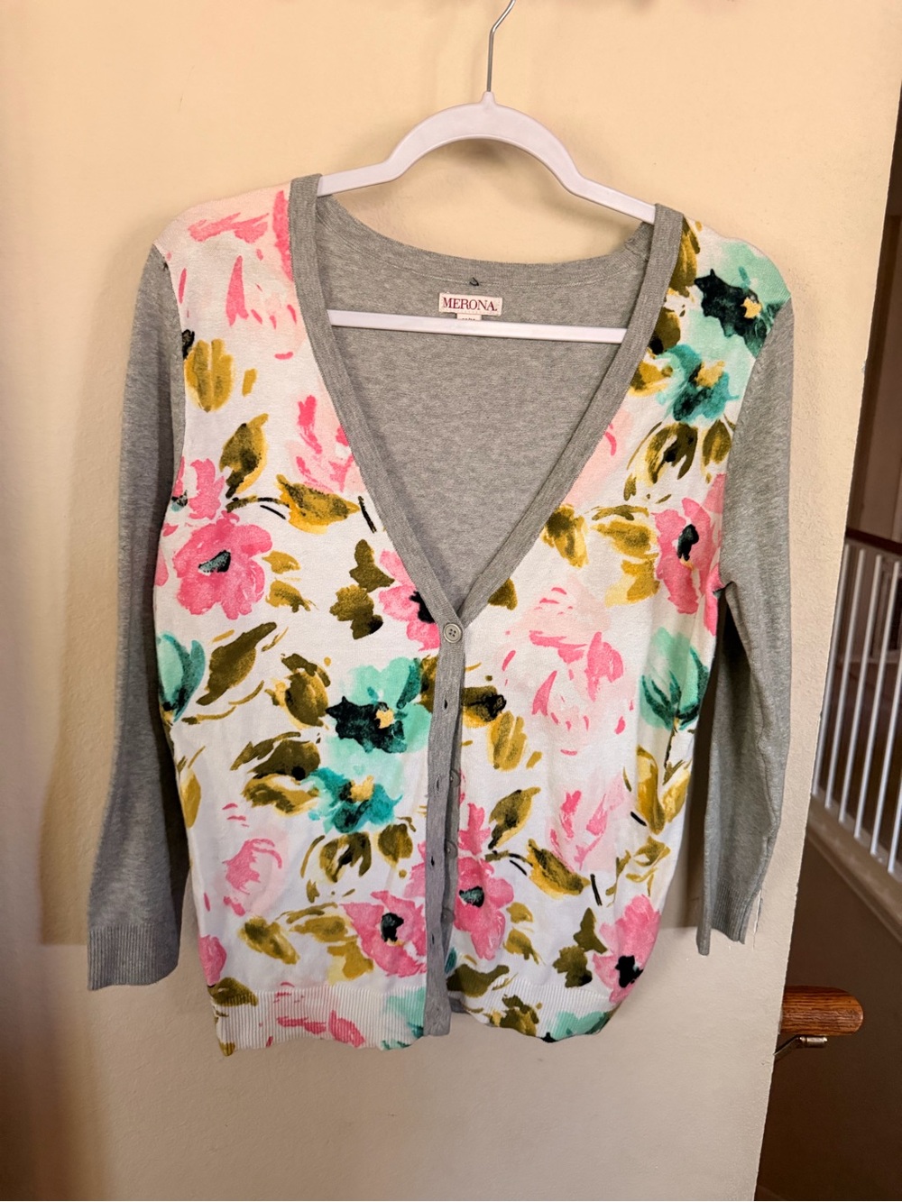 Merona Gray-Trim V-Neck Cardigan with Pink & Teal Floral Print